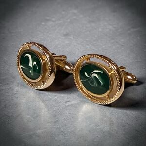 Vintage Cufflinks Mens Gold Tone Green Swirl Bullet Back Formal Workwear